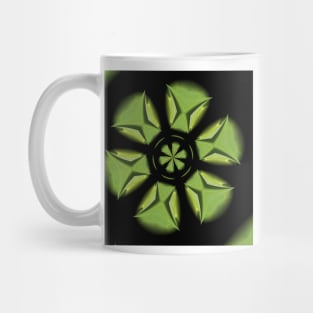 intricate hexagonal geometric shape in emerald green on a plain black background Mug